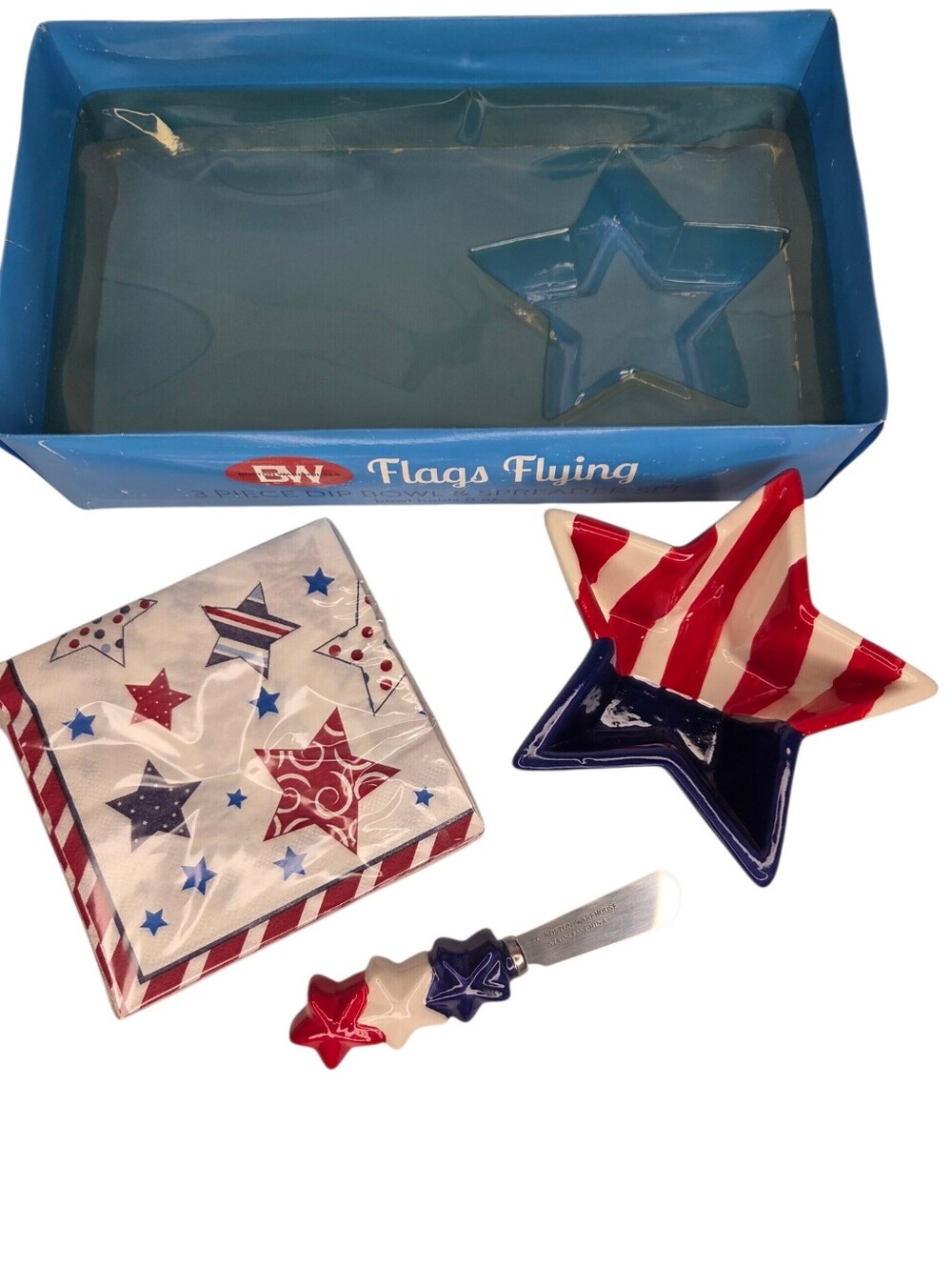Boston Warehouse Red White Blue Flags Flying Dip Bowl And Spreader Set